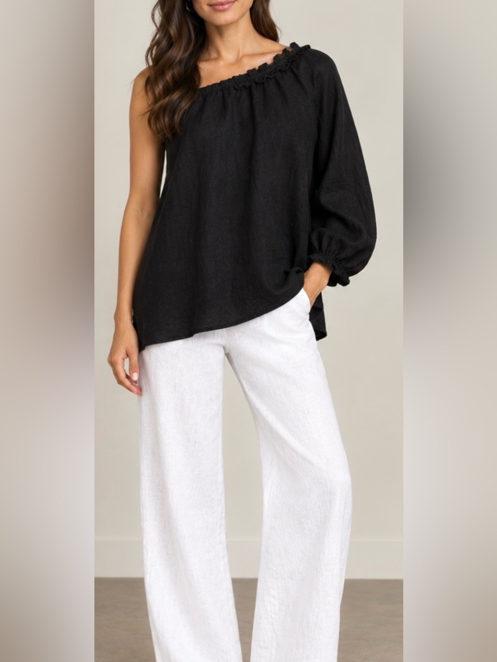 POSSE Black Linen Asymmetrical One Shoulder Blouse - Size S